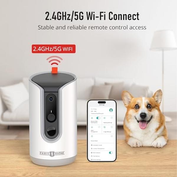 PARIS RHÔNE 2K Pet Camera, 360°View Dog Camera Treat Dispenser, 5G WiFi Pets Monitoring with Phone APP, Two-Way Audio, Infrared Night Vision, Barking Detection and Motion Alerts, W