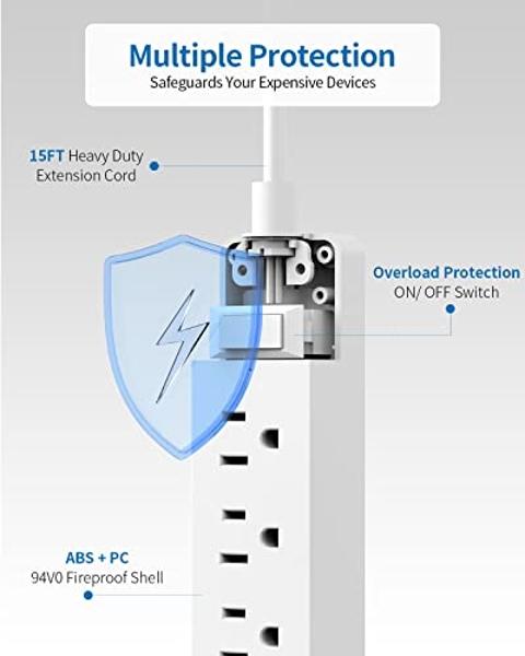 Flat Extension Cord 15 ft, NTONPOWER Ultra Thin Flat Extension Cord Under Carpet, Rug, Door, Wall Mount Power Strip Flat Plug with 4 Outlets 2 USB, Overload Protection for Home Off