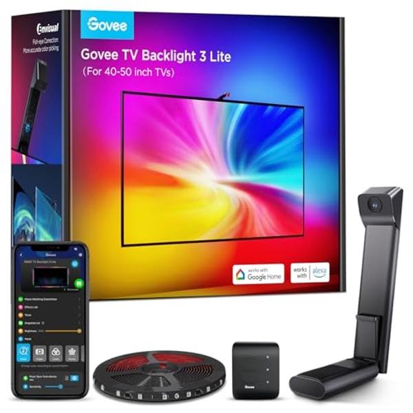 Govee TV Backlight 3 Lite with Fish-Eye Correction Function Sync to 40-50 Inch TVs, 7.8ft RGBICW Wi-Fi LED Strip Lights with Camera, 4 Colors in 1 Lamp Bead, Voice and APP Control,