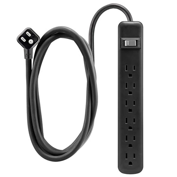 GE 6-Outlet Power Strip, 12 Ft Extension Cord, Flat Plug, Grounded, Integrated Circuit Breaker, 3-Prong, Wall Mount, ETL Listed, Black, 45192