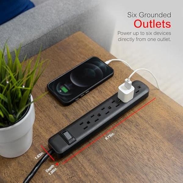 GE 6-Outlet Power Strip, 12 Ft Extension Cord, Flat Plug, Grounded, Integrated Circuit Breaker, 3-Prong, Wall Mount, ETL Listed, Black, 45192