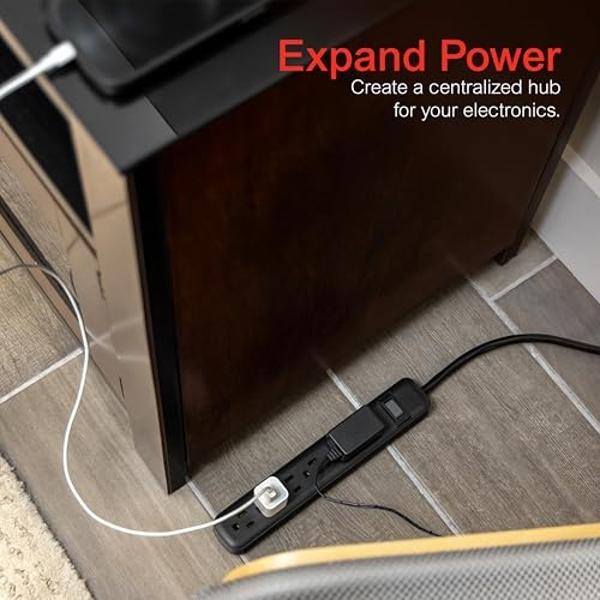 GE 6-Outlet Power Strip, 12 Ft Extension Cord, Flat Plug, Grounded, Integrated Circuit Breaker, 3-Prong, Wall Mount, ETL Listed, Black, 45192