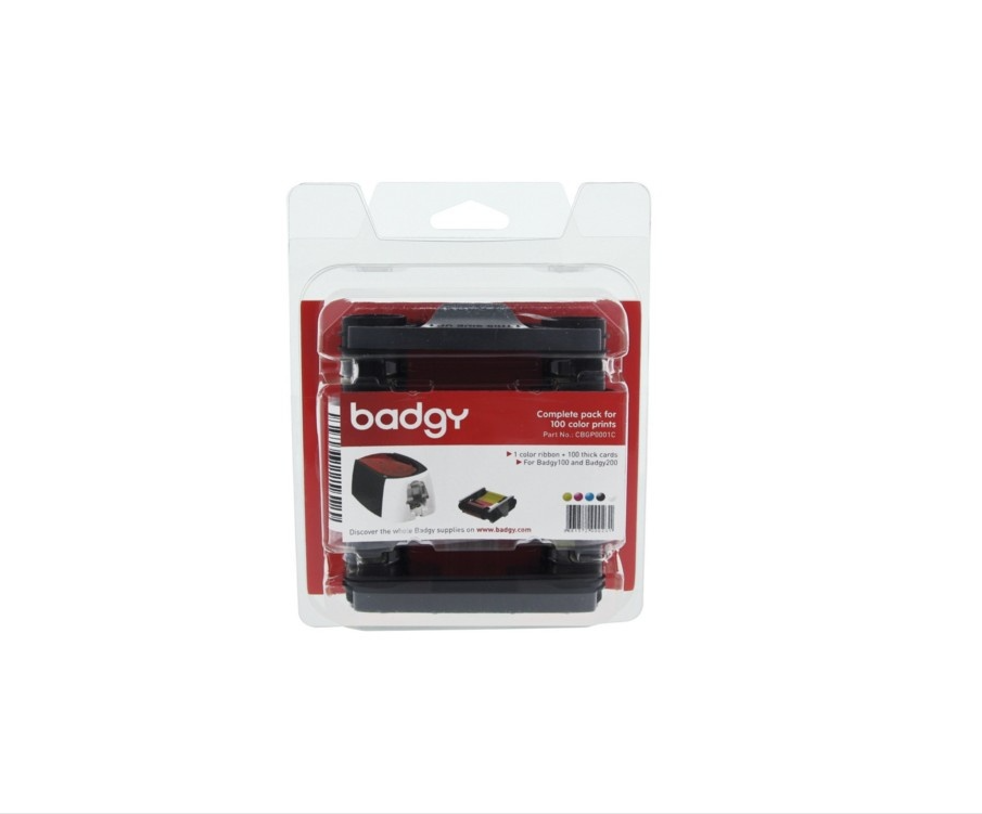 KIT DE CONSUMIBLES BADGY CINTA PARA 100 IMPRESIONES A COLOR, TARJETAS DE PVC BLANCAS 100 PZS PARA IMPRESORAS BADGY 100 Y 200 CBGP0001C