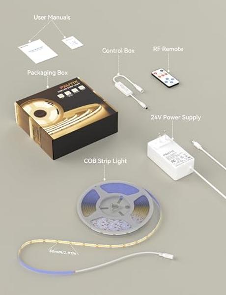 PAUTIX COB LED Strip Light 16.4ft,Engineering Level UL Listed Warm White 2700K,CRI93+ Super Bright High Lumen,Dimmable 24V Flexible LED Tape Light with RF Remote,for Cabinets,Home&
