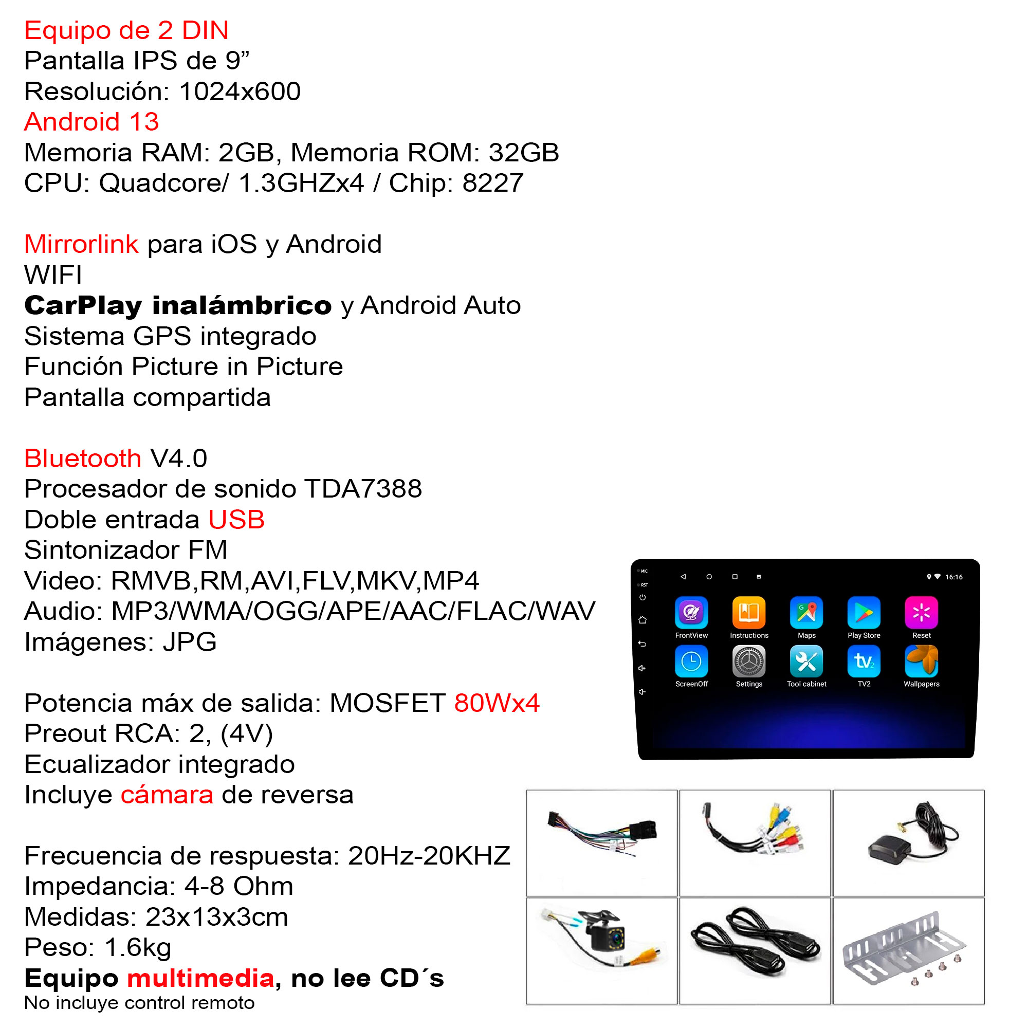 AUTOESTEREO VAK M709 2 DIN 9" ANDROID CARPLAY CAMARA GPS.