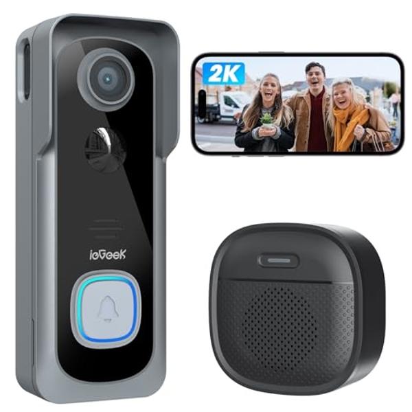 ieGeek Doorbell Camera Wireless No Subscription - Wireless Video Doorbell with Chime, Doorbell with Camera 1080P Grey, Voice Changer, 2-Way Audio, PIR Motion Detection, 2.4Ghz WiFi