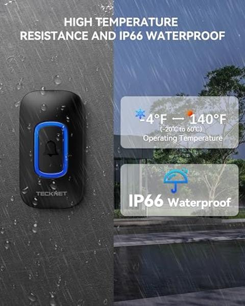 TECKNET Longest 1300 Feet Wireless Doorbell with RGB Alarm Lighting,Battery-Powered IP66 Waterproof Design,60+Chimes & 5-Level Volume for Home/Apartment/Classroom/Business,4.5-Year