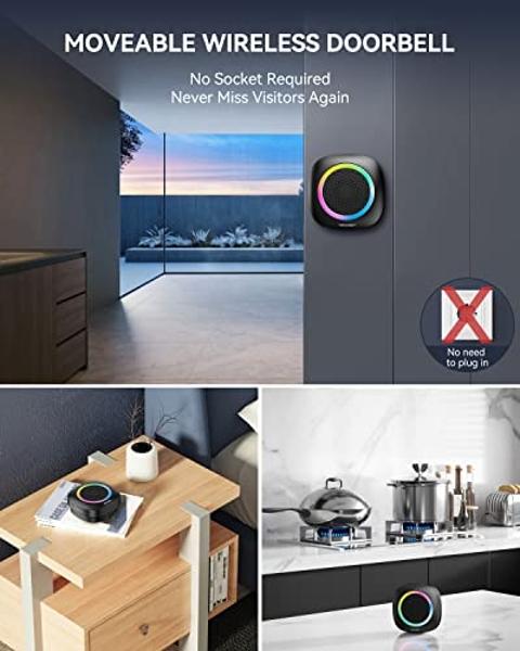 TECKNET Longest 1300 Feet Wireless Doorbell with RGB Alarm Lighting,Battery-Powered IP66 Waterproof Design,60+Chimes & 5-Level Volume for Home/Apartment/Classroom/Business,4.5-Year