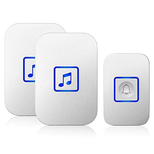 Wireless Doorbell, Door Bell Chime Kit with 60 Melodies, 4 Levels of Volumes and LED Flash, Easy Setup for Home and Office(2 Receivers + 1 Button, White)