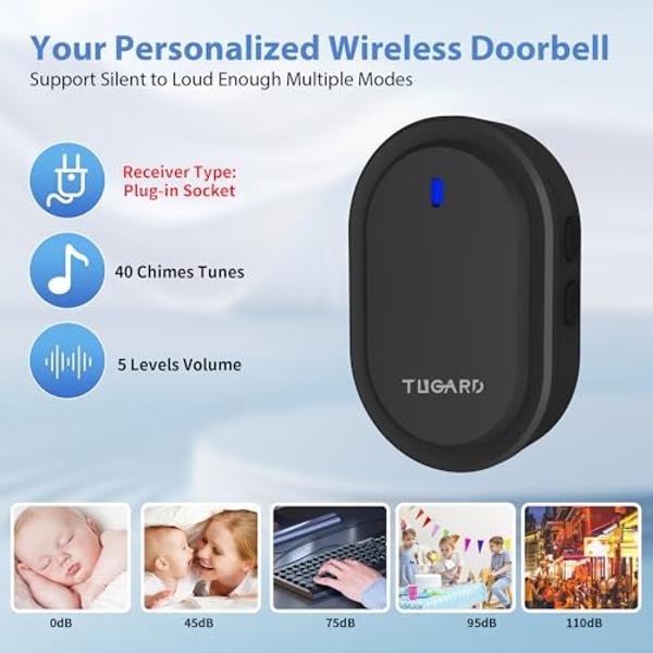 Wireless Doorbell,Plug in Doorbell Wireless Cordless at Range of 500ft with 39 Doorbell Chimes,5Levels Volume Adjust&LED Indicator,Doorbell Easily Install at Home & Apartment,Villa