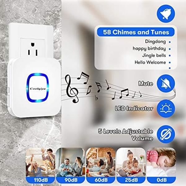 Wireless Doorbell Waterproof 1200 feet Door Bell with 2 Buttons with Different Tones Operating at 36 Melodies 4 Volume levels Flash Light 1 Receiver 2 Button White JSIEEM
