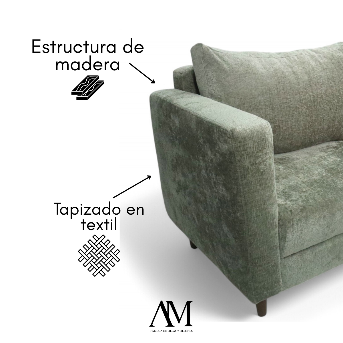 Sofá Sillón Love Seat 2 Plazas Comodo 100% Textil Color Verde Olivo 