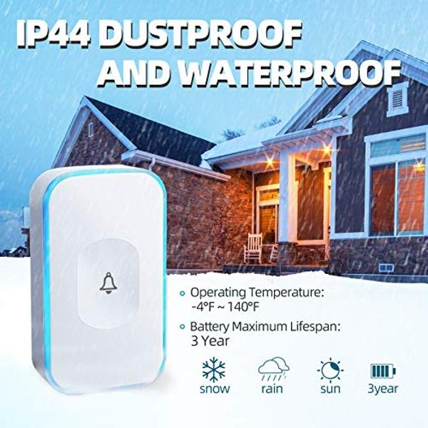 Wireless Doorbell Waterproof 1200 feet Door Bell with 2 Buttons with Different Tones Operating at 36 Melodies 4 Volume levels Flash Light 1 Receiver 2 Button White JSIEEM