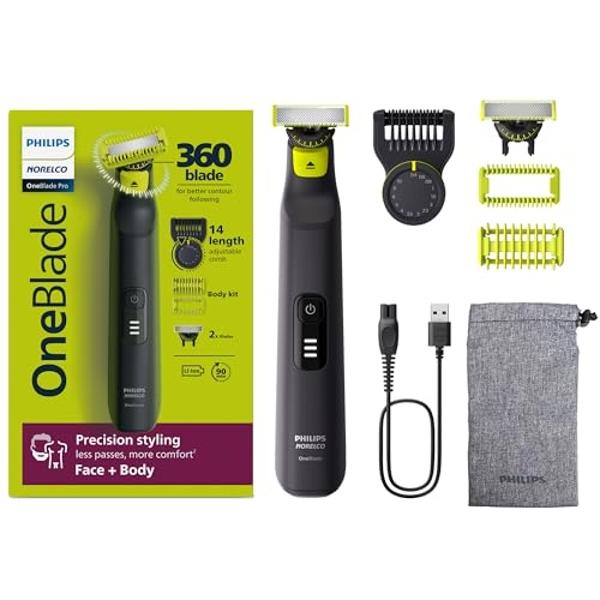 Philips Norelco OneBlade Pro 360 Face + Body, Electric Shaver, Beard Trimmer and Body Groomer, with 360 Blade Technology, 14-Length Precision Comb, Body Kit, Soft Pouch, Model QP65