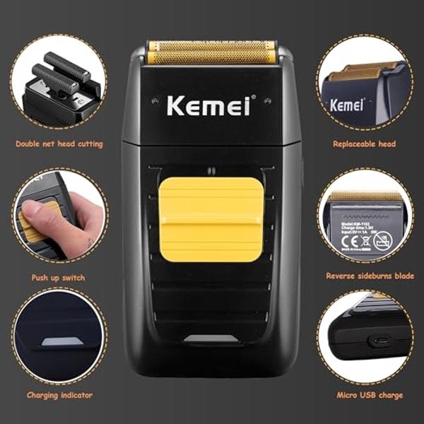 KEMEI Professional Hair Trimmer for Men Cordless, Foil Shaver with Replacement Heads & Nets, Zero Gapped Hair Clippers with T Blade, Electric Head Shavers for Bald Men, KM 2299, KM