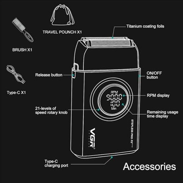 VGR 378 Electric Shavers for Men, Triple Floating Blade Foil Shaver Cordless Men's Electric Razor, 9000 RPM Motor Bald Shavers Titanium Foils with LED Display, Barber Supplies (Red