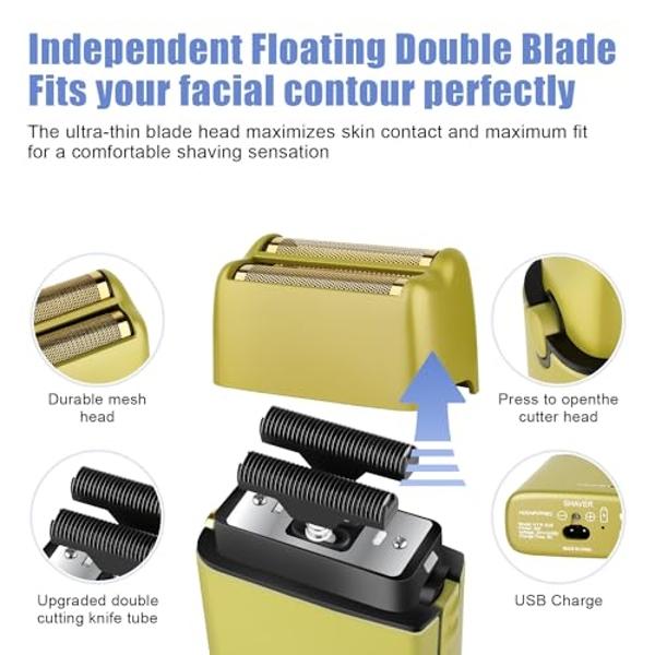 HIENA PRO Foil Shaver for Men Barber, Double Electric Foil Trimmer, Professional Electric Razor, Close Shaver, Cordless Rechargeable with USB, Yellow