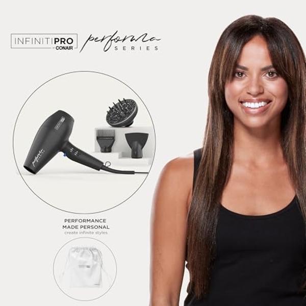 Conair Infiniti Pro Hair Dryer with Diffuser Plus 2 Other Attachments and Drawstring Storage Bag | Performa Series Hair Dryer | Blow Dryer with Professional Performance Motor | Bla
