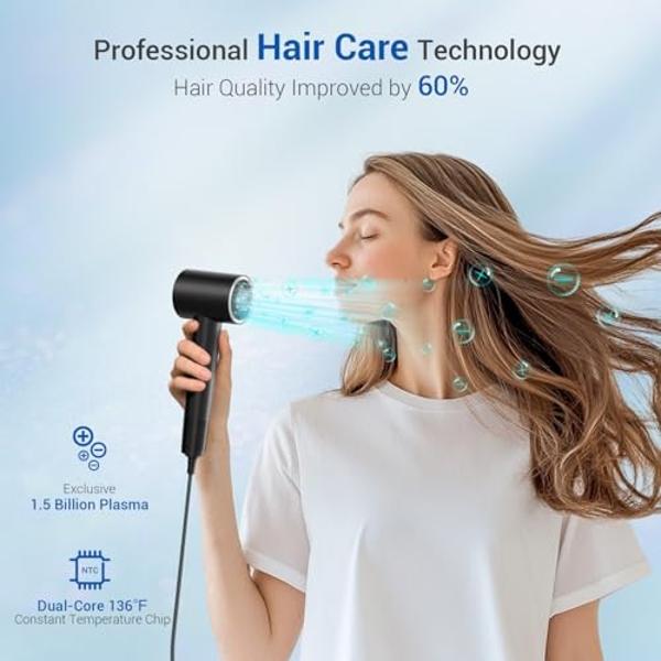 Hair Dryer with Diffuser, Hyspeedh Low Noise Blow Dryer with Fast Drying, 0.86lb Lightweight Travel Hair Dryers for Women, 1.5 Billion Plasma, Smart Thermo Control, Strong Magnetic