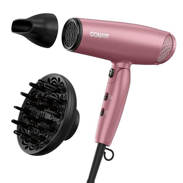 Conair Hair Dryer with Diffuser and Folding Handle, Travel Friendly Hair Dryer, Radiance Boost Blow Dryer for Less Frizz, More Shine, and Irresistibly Silky Hair, Includes Diffuser