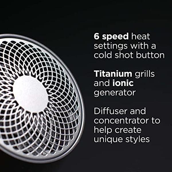 RUSK PRO Speed Titanium Hair Dryer, Ionic Generator Eliminates Frizz, Powerful AC Motor with 6 Speed and Heat Settings for Fast Styling, Plus Diffuser and Concentrator for Unique S