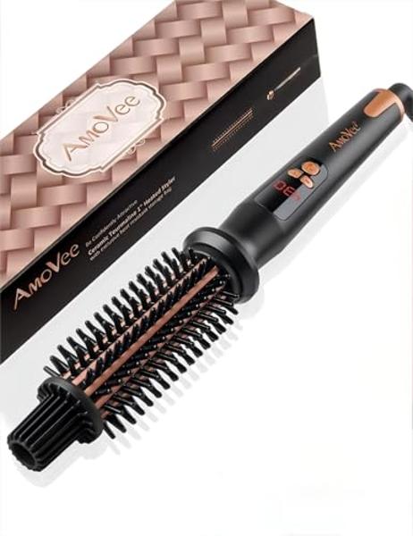 Curling Iron Brush, Ceramic Tourmaline Ionic Hair Curling Wand, Curling Brush with Barrel & Anti-Scald Bristles for All Hair Types