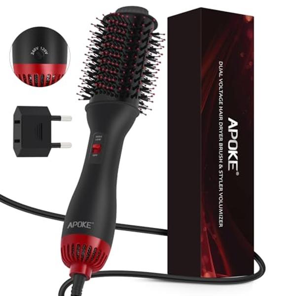 APOKE Dual Voltage Hair Dryer Brush with UK Plug Blow Dryer Brush for European Travel 110V-120V/220V-240V One Step Hot Air Brush and Styler Volumizer with Negative Ion Anti-frizz (