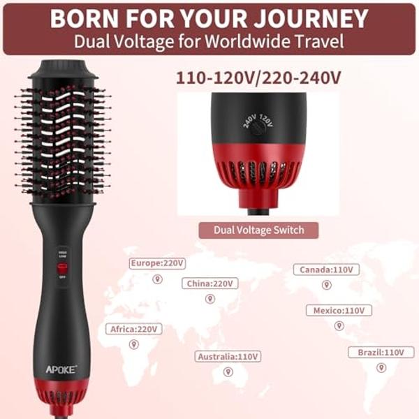 APOKE Dual Voltage Hair Dryer Brush with UK Plug Blow Dryer Brush for European Travel 110V-120V/220V-240V One Step Hot Air Brush and Styler Volumizer with Negative Ion Anti-frizz (