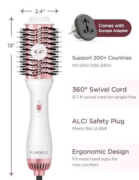 PLAVOGUE Dual Voltage Hair Dryer Brush, 100 Millions Negative Ionic Blow Dryer Brush Volumizer (White pink)