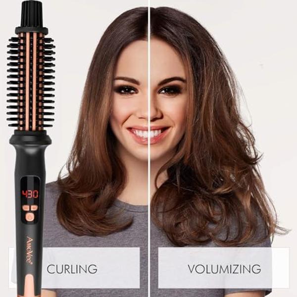 Curling Iron Brush, Ceramic Tourmaline Ionic Hair Curling Wand, Curling Brush with Barrel & Anti-Scald Bristles for All Hair Types