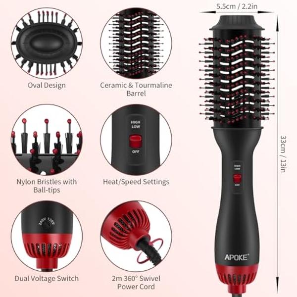 APOKE Dual Voltage Hair Dryer Brush with UK Plug Blow Dryer Brush for European Travel 110V-120V/220V-240V One Step Hot Air Brush and Styler Volumizer with Negative Ion Anti-frizz (