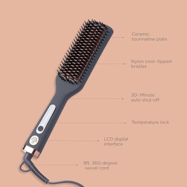 Hairitage Heated Ceramic Straightening Brush for Blowouts - Volumizing + Straightening - Anti-Frizz Blow Dry Brush for Smooth Shiny Hair - One Step Ceramic Tourmaline Hot Styling B