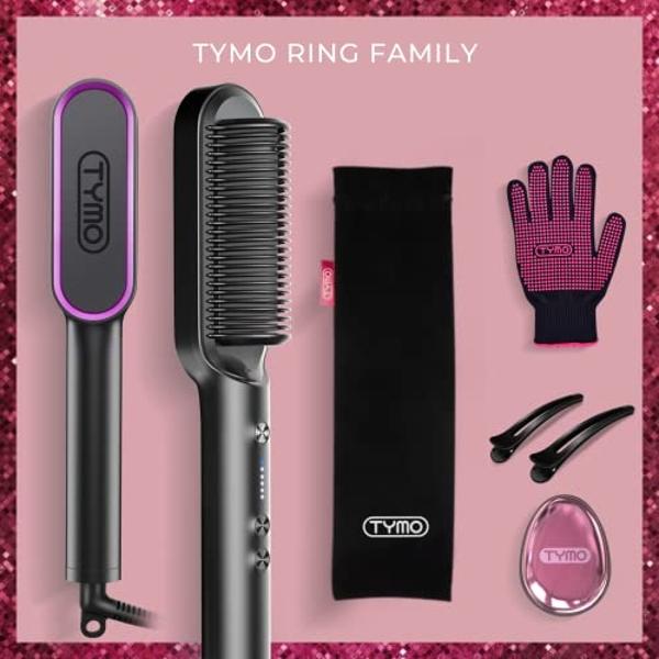 Tymo hair straightener brush - Tymo ring curly hair straightener with 20s fast heating, 5 thermostatic level hot hair straightener combs, 30 minute auto-off & 110V-240V, hair silky