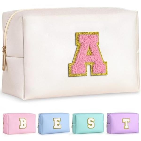 TOPEAST 2025 Graduation Gifts - Initial Makeup Bag, Birthday Gifts for 4 5 6 7 8 9 10 11 12 Year Old Girls, Personalized Preppy Toiletry Bag (White A)