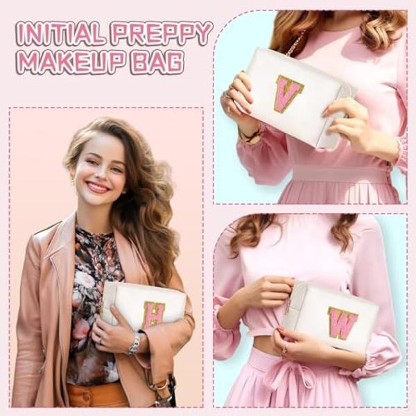 TOPEAST 2025 Graduation Gifts - Initial Makeup Bag, Birthday Gifts for 4 5 6 7 8 9 10 11 12 Year Old Girls, Personalized Preppy Toiletry Bag (White A)