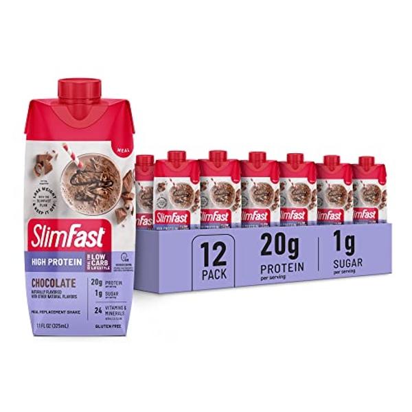 SlimFast Protein Shake, Chocolate- 20g Protein, Meal Replacement Shake Ready to Drink, High Protein with Low Carb and Low Sugar, 24 Vitamins and Minerals, 12 Count (Pack of 1) (Pac