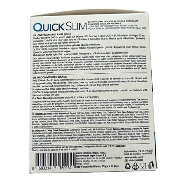 Quick Slim Meal Replacement Shake for Weight Loss, 30 Servings, 20g Protein, 27 Vitamins & Minerals, Dietary Fiber, Low Carb, Gluten Free (Double Chocolate, 30 Sachets)