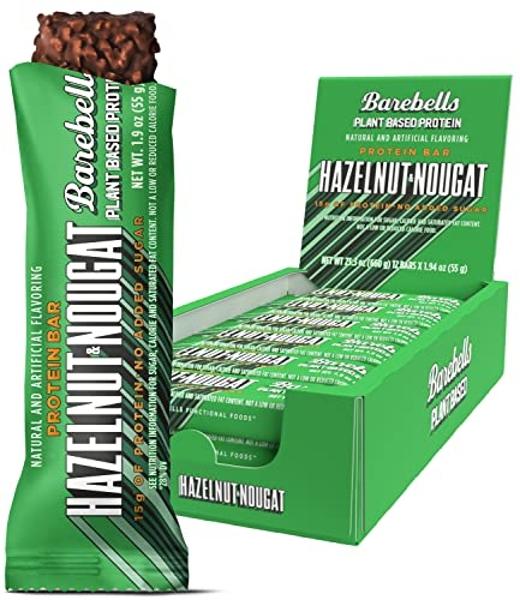 Barebells Vegan Protein Bars Hazelnut & Nougat - 12 Count, 1.9oz Bars - Features Plant Based Protein Bar with 15g of High Protein - Chocolate Protein Snacks with Only 1g of Total S