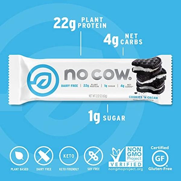 No Cow High Protein Bars, Cookies 'N Cream - Healthy Snacks, 20g Vegan Protein, High Fiber, Low Sugar, Keto Friendly, Dairy & Gluten Free (12 Count)