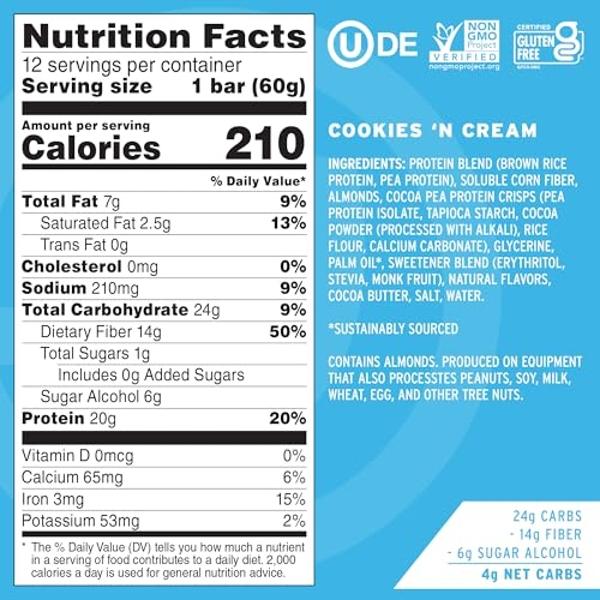 No Cow High Protein Bars, Cookies 'N Cream - Healthy Snacks, 20g Vegan Protein, High Fiber, Low Sugar, Keto Friendly, Dairy & Gluten Free (12 Count)