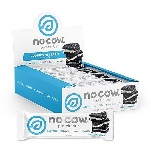 No Cow High Protein Bars, Cookies 'N Cream - Healthy Snacks, 20g Vegan Protein, High Fiber, Low Sugar, Keto Friendly, Dairy & Gluten Free (12 Count)