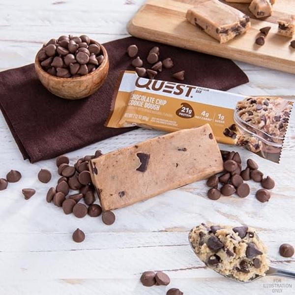 Quest Nutrition Chocolate Chip Cookie Dough Protein Bars, 21g Protein, 4, Net Carbs, 1g Sugar, Gluten Free, Keto Friendly, 4 Count