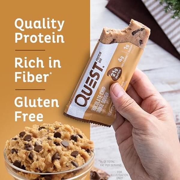 Quest Nutrition Chocolate Chip Cookie Dough Protein Bars, 21g Protein, 4, Net Carbs, 1g Sugar, Gluten Free, Keto Friendly, 4 Count