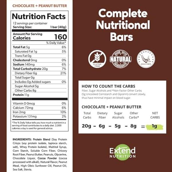 Extend Sugar Free Protein Bars, Perfect Diabetic Snacks, High Protein and Fiber, Hunger Control & Steady Energy, Low Carb, Keto Friendly, Chocolate Peanut Butter, 12 Count