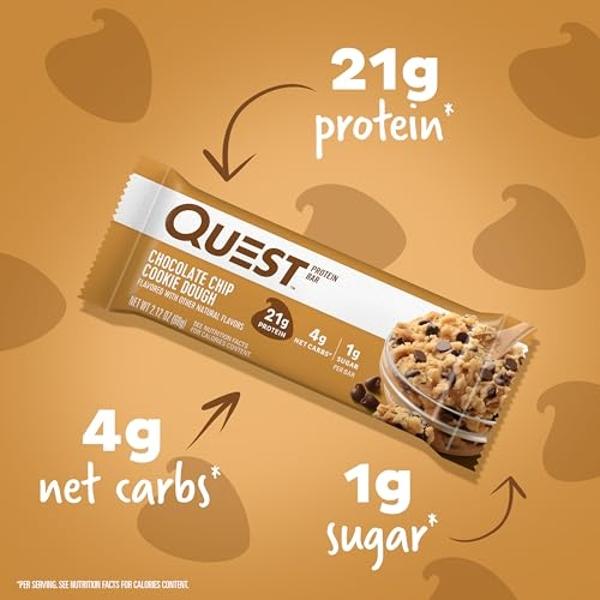 Quest Nutrition Chocolate Chip Cookie Dough Protein Bars, 21g Protein, 4, Net Carbs, 1g Sugar, Gluten Free, Keto Friendly, 4 Count