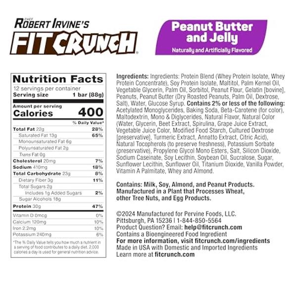FITCRUNCH Full Size Protein Bars, 6-Layer Baked Bar, 2g of Sugar, Gluten Free & Soft Cake Core (12 Bars, Peanut Butter and Jelly)