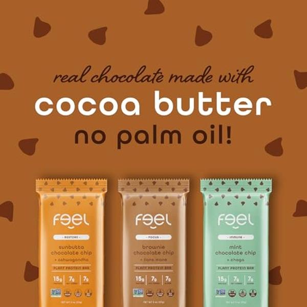 Feel Vegan Protein Bars | Chocolate Lovers | Keto | Gluten Free | Organic | Lions Mane | Chaga | Ashwagandha | 15g Plant Protein | Low Carb | High Protein | Dairy Free | Low Sugar 