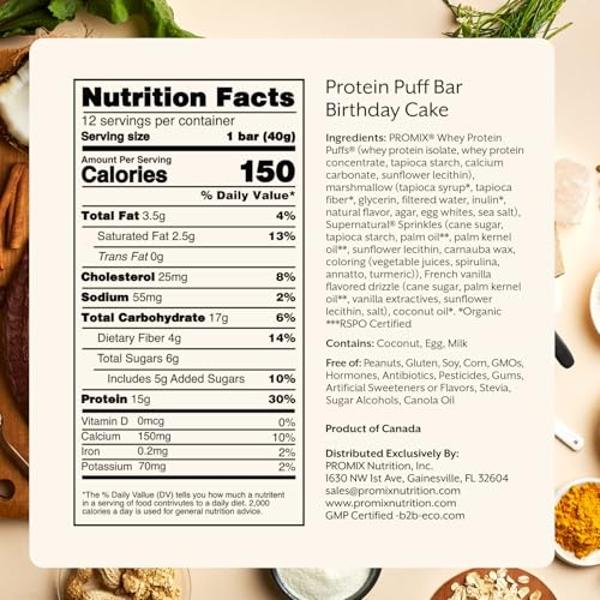 ProMix Nutrition Protein Puff Bars - Birthday Cake - Marshmallow Crispy Treat - Great Tasting & Healthy On The Go Snack - High Protein & Low Calorie - Free From Gluten, Soy, & Corn
