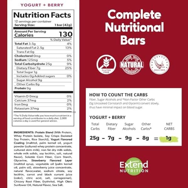 Extend Nutrition 1 Gram Sugar High Protein Bars, Perfect Diabetic Snacks for Adults and Kids, High Protein Bars for Hunger Control & Steady Energy, Low Carb, Keto Friendly, Yogurt 