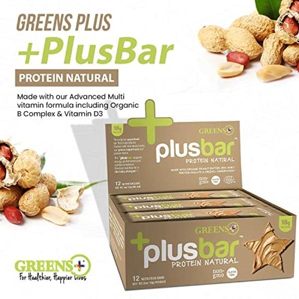 Greens+ Plusbar Protein Natural, Gluten-Free Whey Protein Bar with Organic Ingredients, Non-GMO Green Protein Bars, 12 Pack